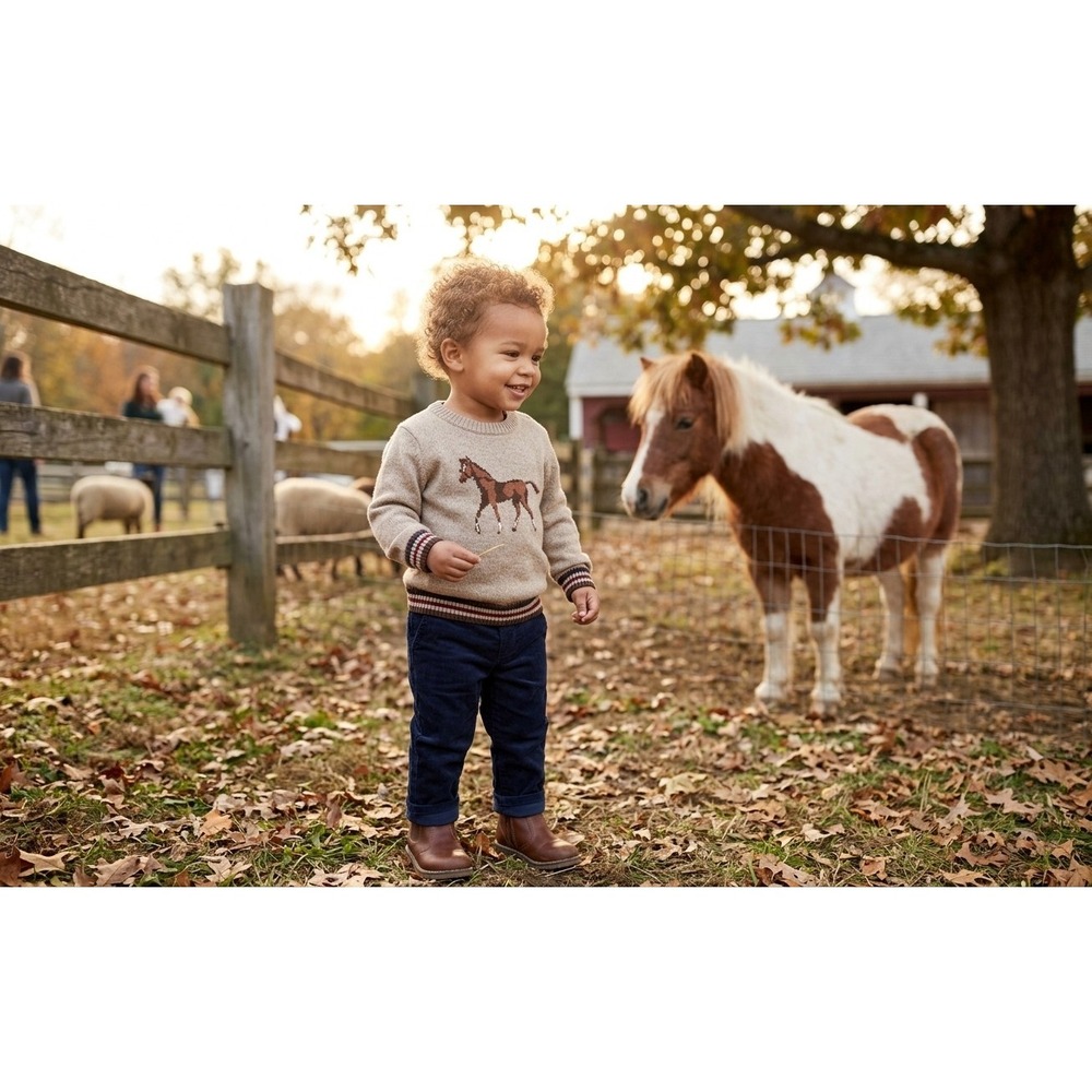 Janie and Jack Size 2T Beige Knit Equestrian Horse Crew Neck Pullover Sweater
